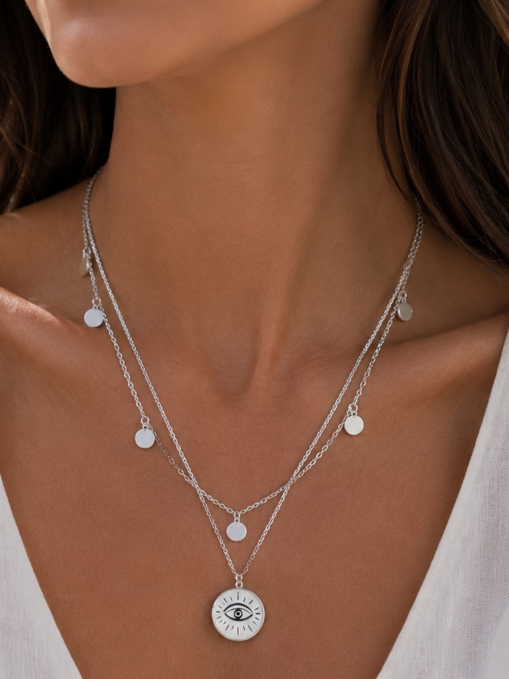 Layered Evil Eye Necklace Stainless Steel Waterproof Adjustable Boho